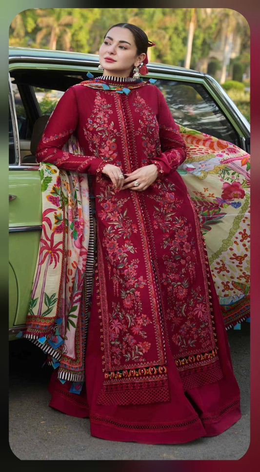 Crimson Bloom 3-Piece Luxury Embroidered Ensemble