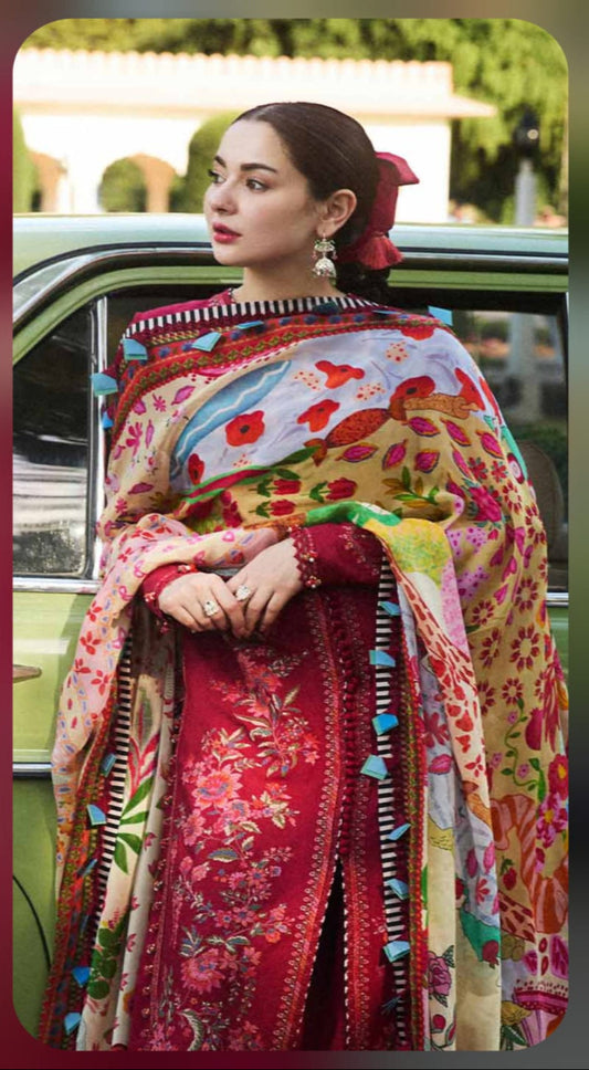 Crimson Bloom 3-Piece Luxury Embroidered Ensemble